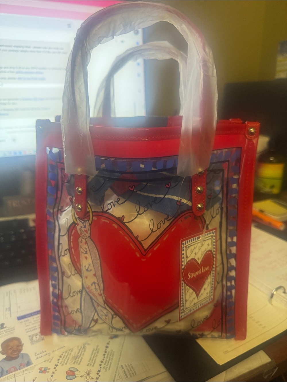New! Brighton Red Heart Clear Tote with Blue Trim